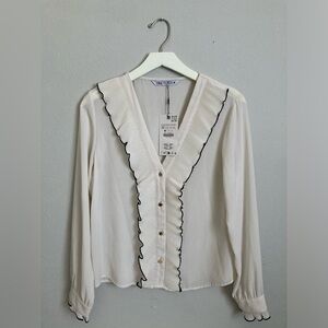 Zara Cream Blouse with Black-Trim Ruffled V-Neck - Size XS (NWT)